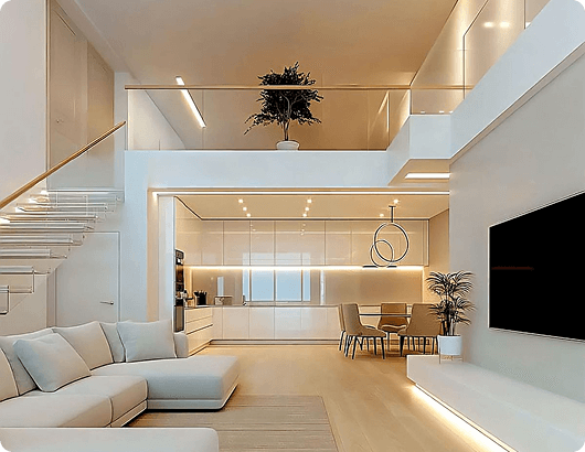 High-end residential interior design showing a modern kitchen and lounge.