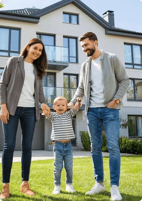 A happy family with a child standing in front of their new rental home in Cleburne, TX.